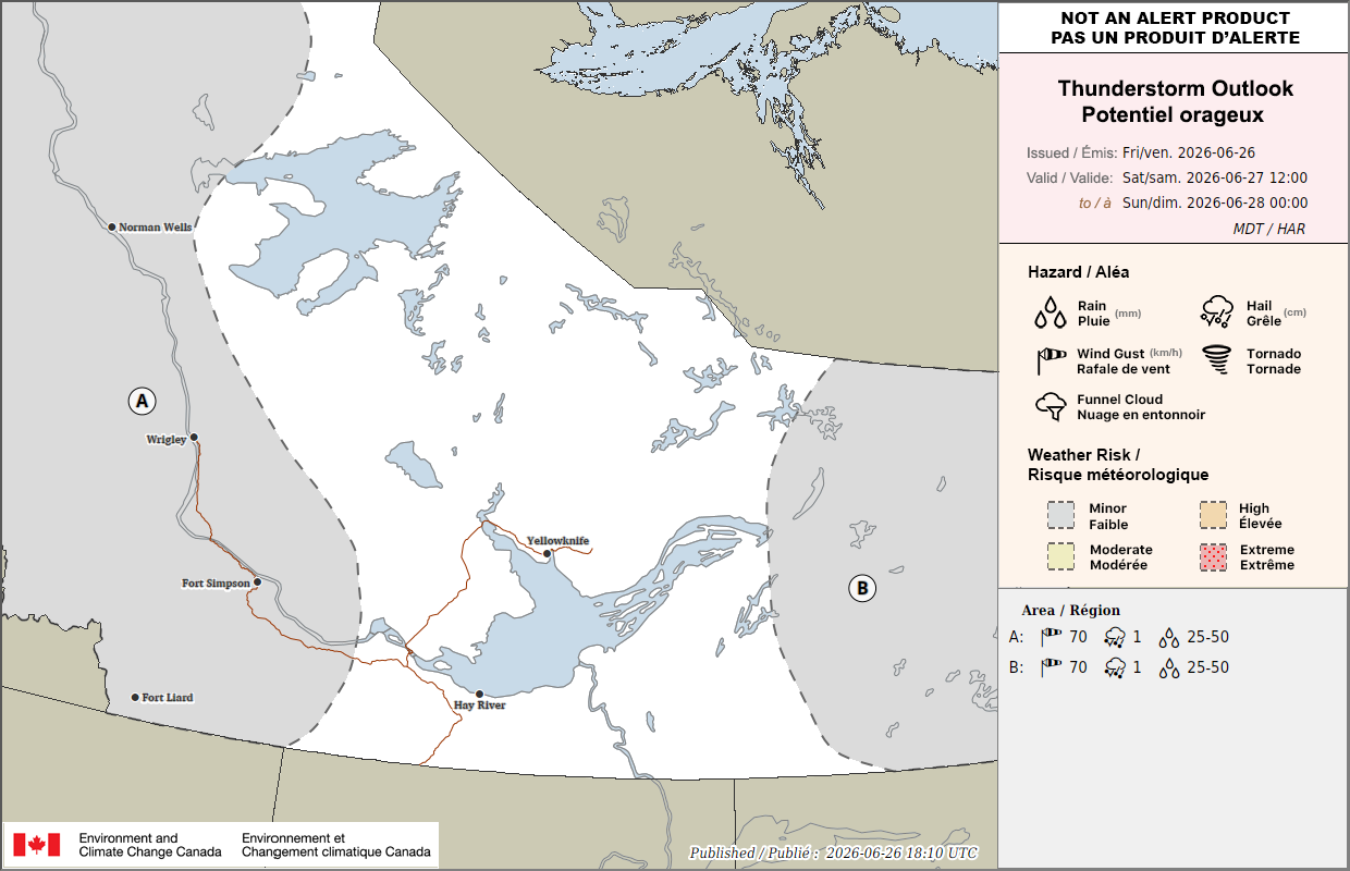 Northwest Territories Thunderstorm Outlook for Tomorrow (PM)