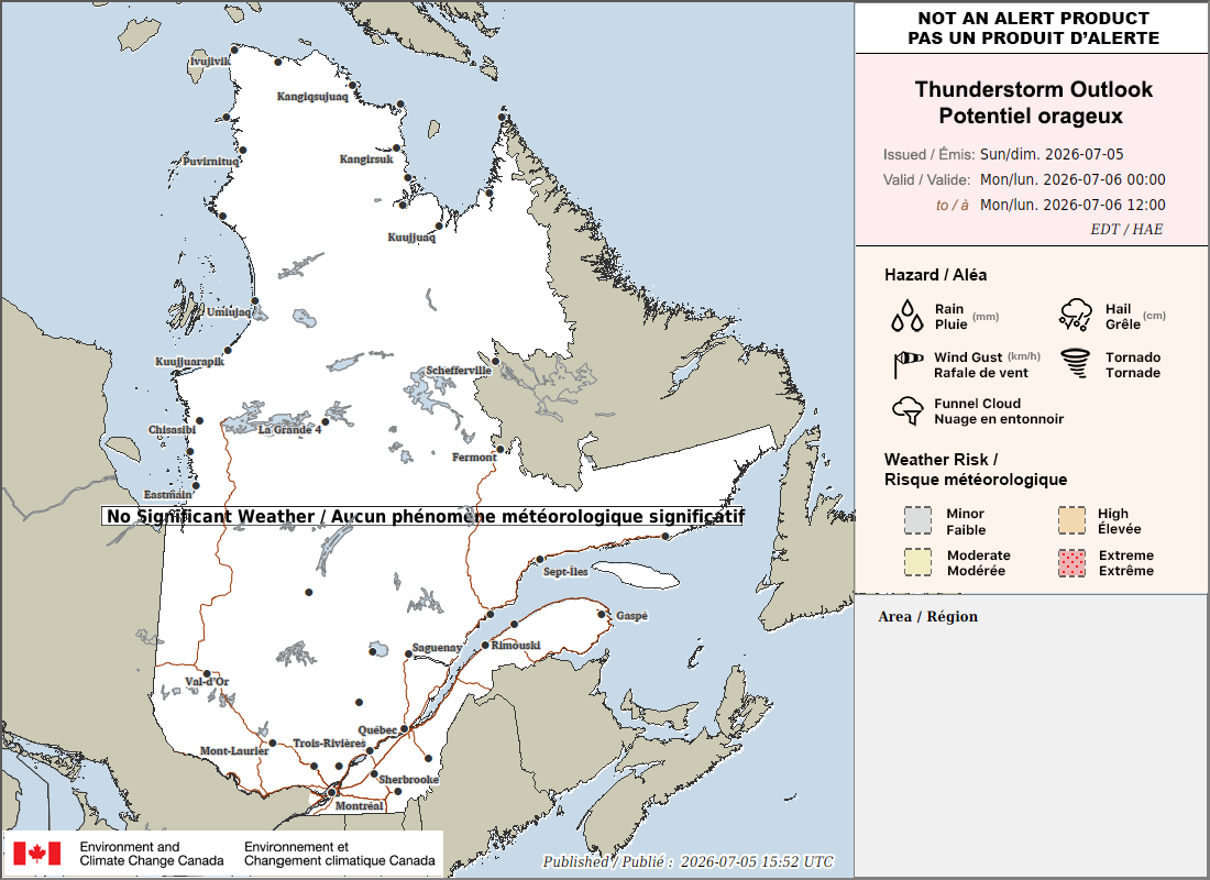 Quebec Thunderstorm Outlook for Tomorrow (AM)