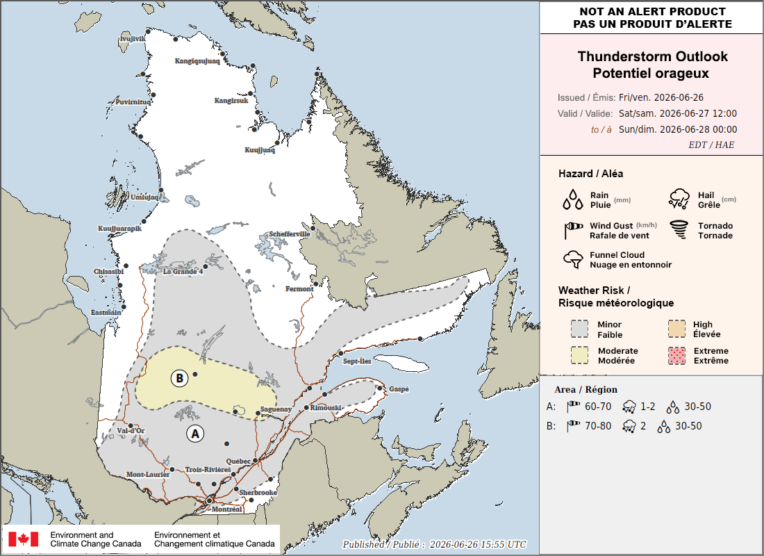 Quebec Thunderstorm Outlook for Tomorrow (PM)
