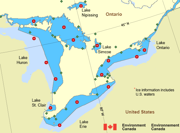 Map of Great Lakes - Lake Erie and Lake Ontario marine weather areas