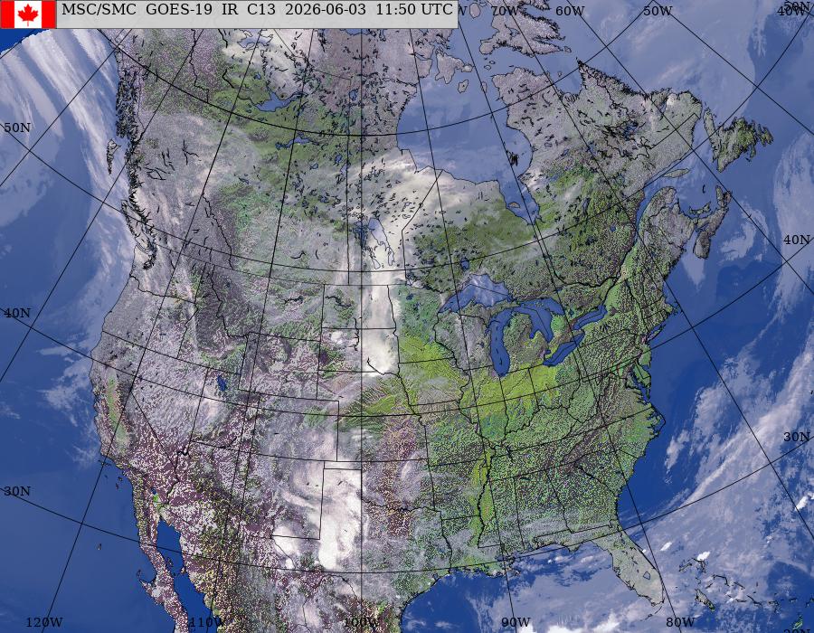 GOES–East/West North American Composite Satellite Image (infrared and topography)